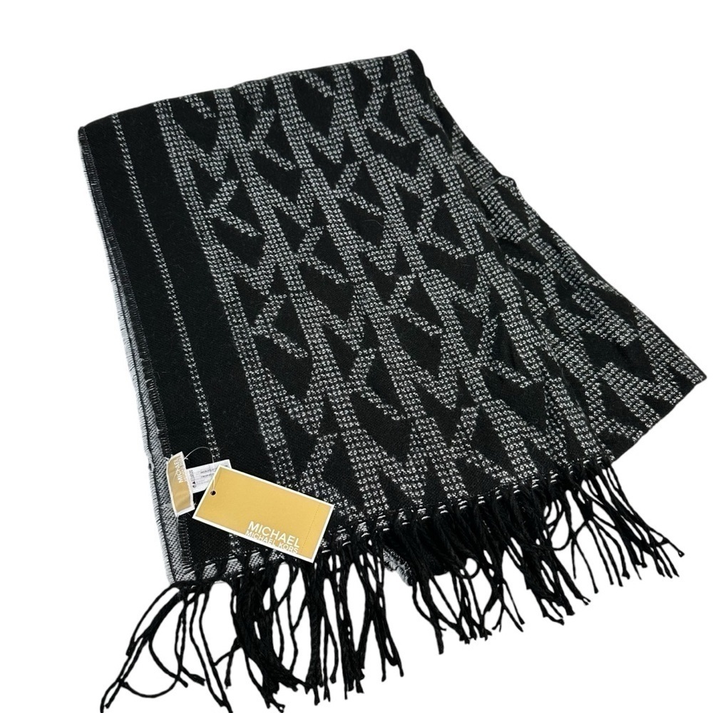 Michael Kors Black and White/Gray MK Women's Logo Scarf Wrap with Fringe